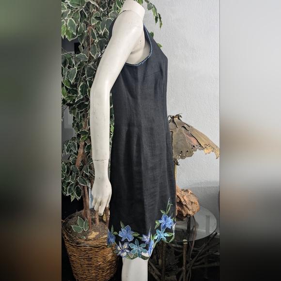 Talbots Vintage 100% Linen Sheath Dress Embroidered Floral Beaded Classic 14 - Picture 9 of 12